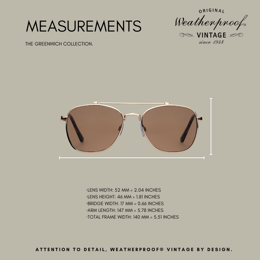 WEATHERPROOF VINTAGE Designer Sunglasses for Men & Women, UV400 Protection, Metal Square Aviator Frame, Shiny Black Tip - Shiny Gold - Greenwich - TWELVE
