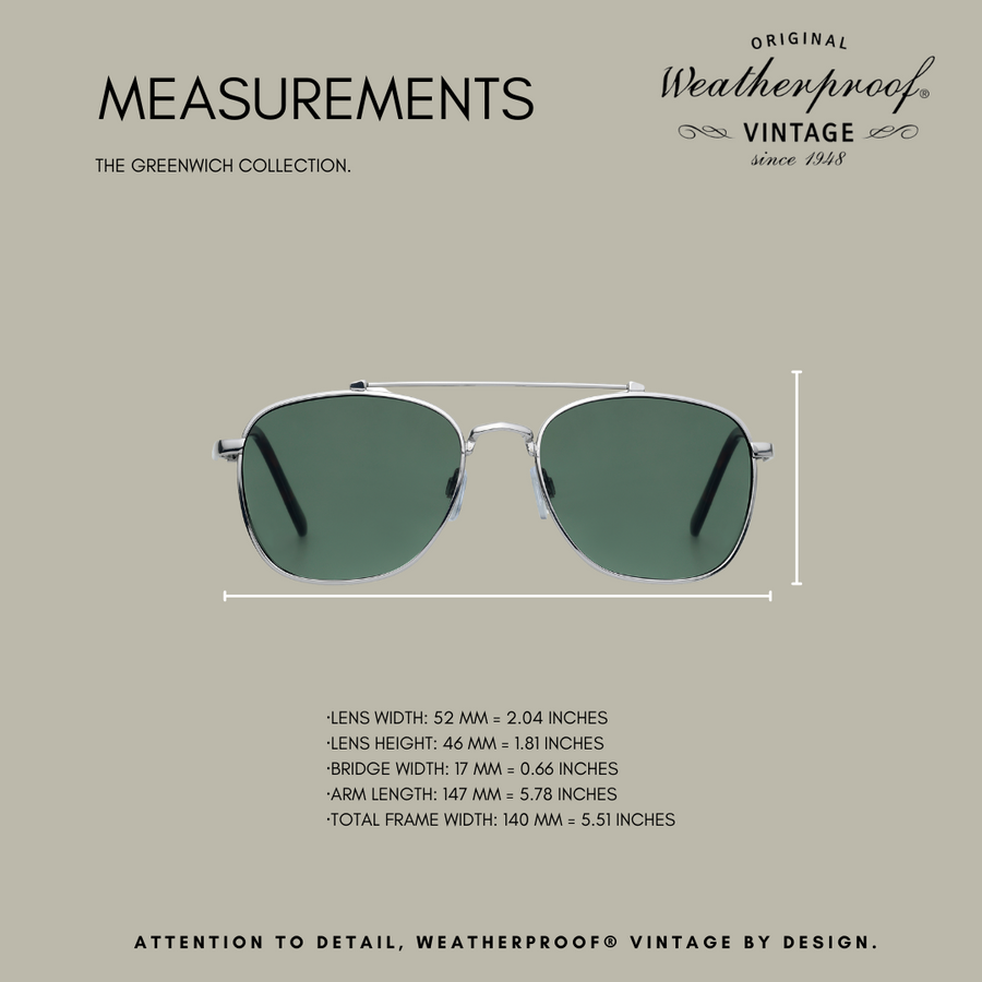 WEATHERPROOF VINTAGE Designer Sunglasses for Men & Women, UV400 Protection, Metal Square Aviator Frame, Shiny Black Tip - Shiny Light Gunmetal - Greenwich - TWELVE