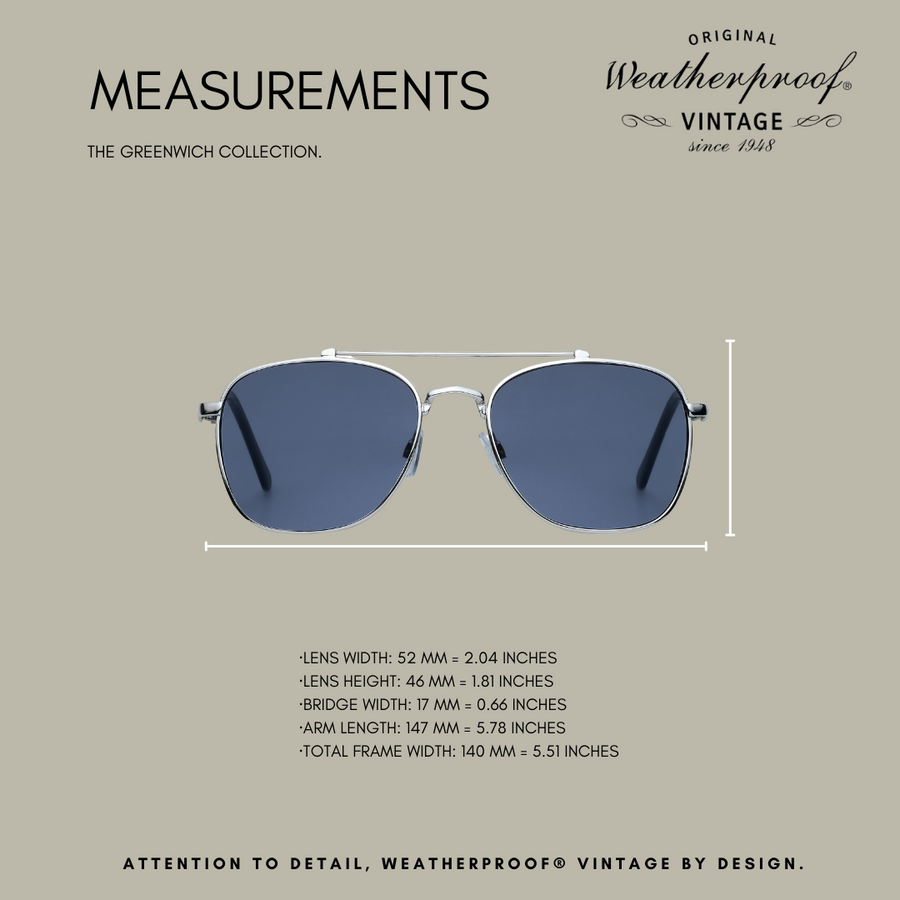 WEATHERPROOF VINTAGE Designer Sunglasses for Men & Women, UV400 Protection, Metal Square Aviator Frame, Shiny Black Tip - Shiny Silver - Greenwich - TWELVE
