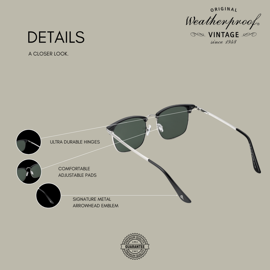 WEATHERPROOF VINTAGE Designer Sunglasses for Men & Women, UV400 Protection, Durable Square Frame, Acetate Tip - Shiny Black - Hatteras - TWELVE
