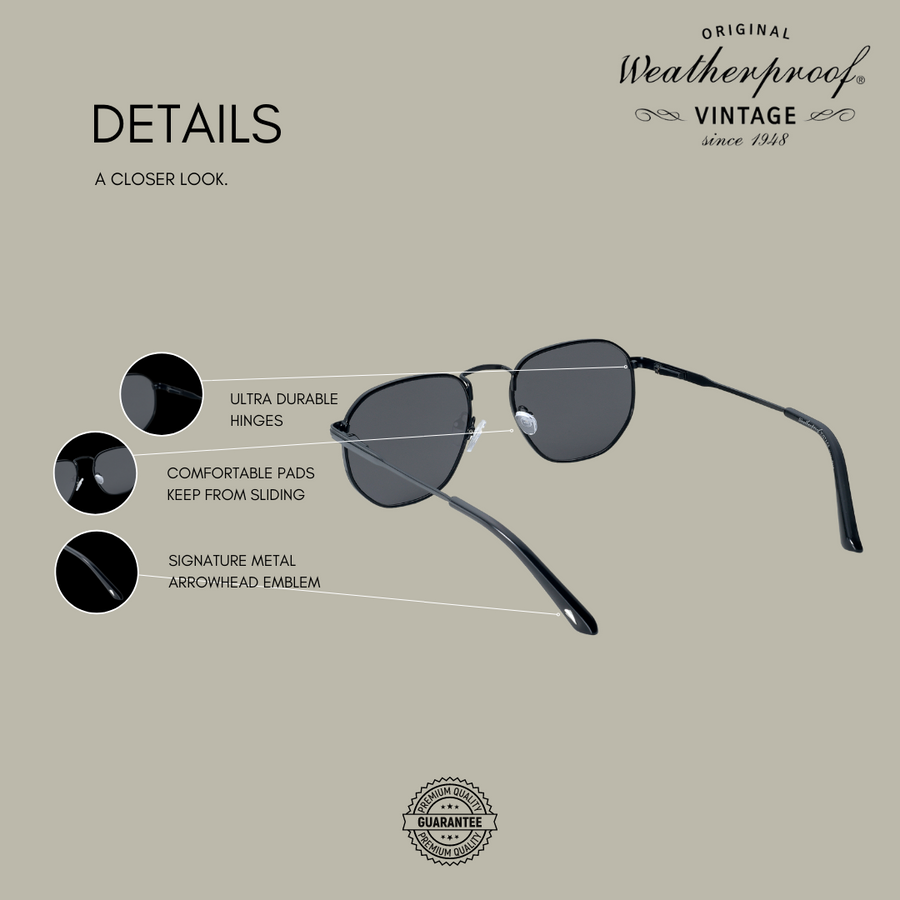 WEATHERPROOF VINTAGE Designer Sunglasses for Men, UV400 Protection, Durable Metal Square Aviator Frame with Black Tip - Matte Black - Newport - TWELVE
