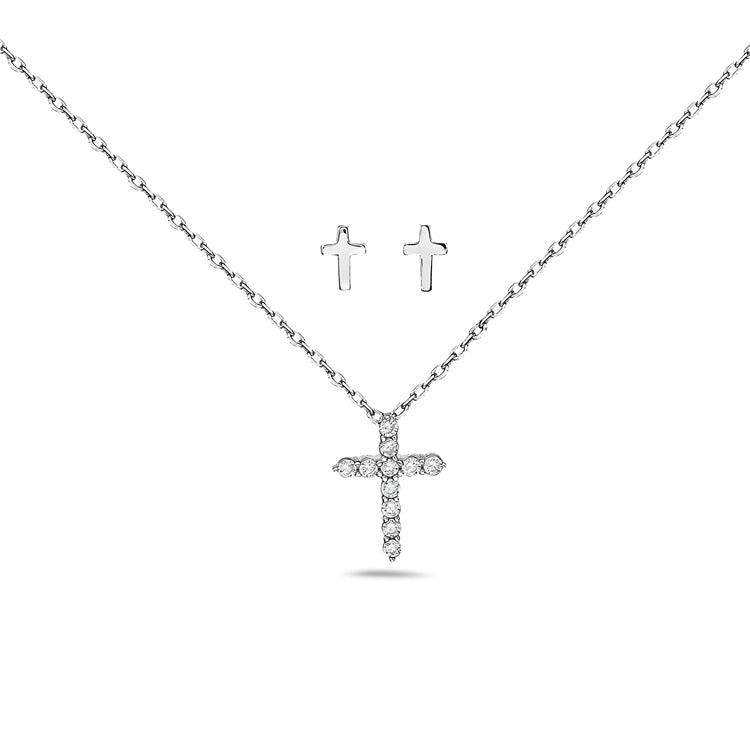LU GAETA Gift Boxed Jewelry Sterling Silver & Cubic Zirconia Women's Faith Pendant & Stud Earrings Cross Set - TWELVE