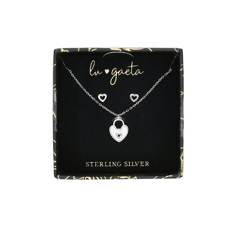 LU GAETA Gift Boxed Jewelry Sterling Silver & Cubic Zirconia Women's Locket Pendant & Stud Earrings Set - TWELVE