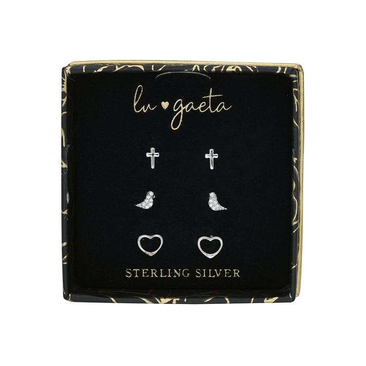 LU GAETA Gift Boxed Jewelry Sterling Silver & Cubic Zirconia Faith 3-Pack Box of Women's Stud Earrings - TWELVE