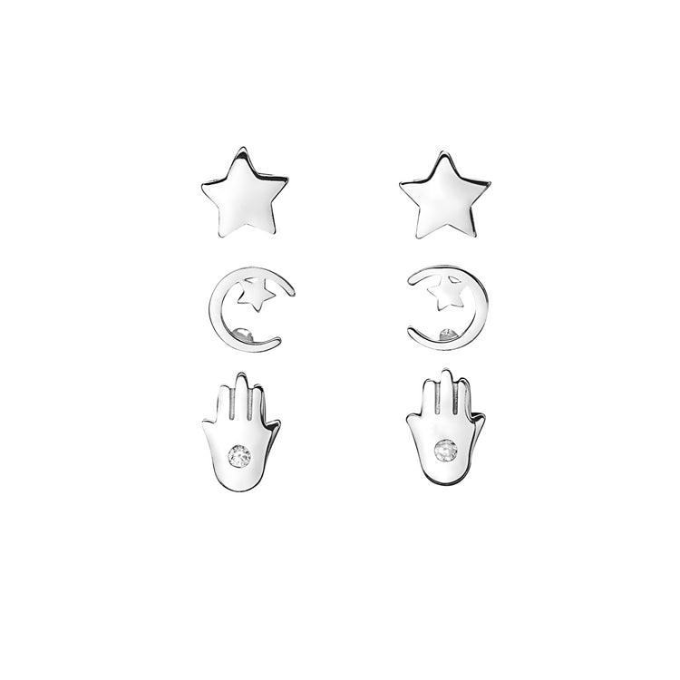 LU GAETA Gift Boxed Jewelry Sterling Silver & Cubic Zirconia Spirituality 3-Pack of Women's Stud Earrings - TWELVE