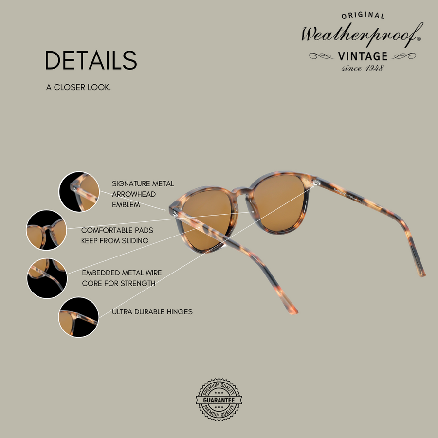 WEATHERPROOF VINTAGE Designer Sunglasses for Men & Women, UV400 Protection, Oval Frame Embedded with Metal Wire Core for Strength - Tortoise - Telluride - TWELVE